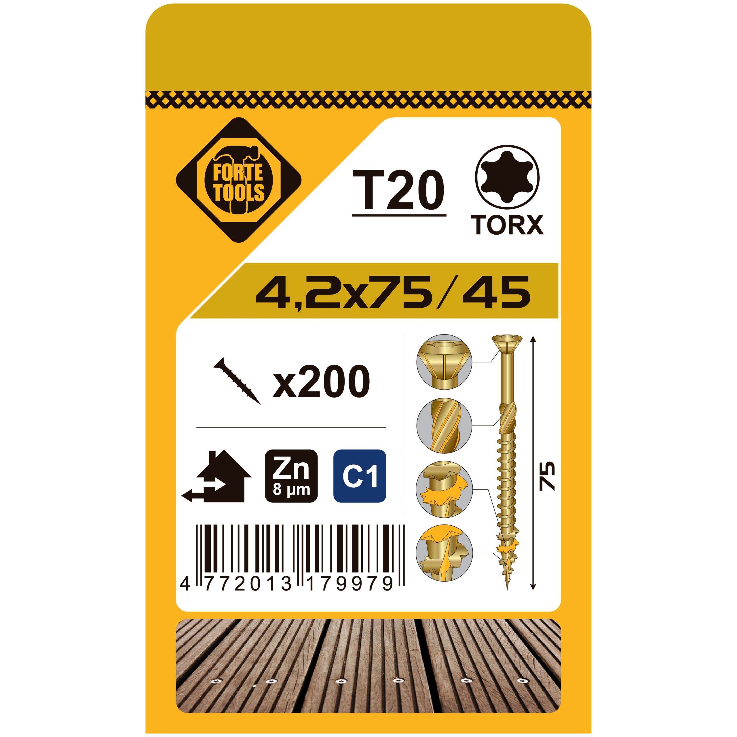 TERRACE SCREWS T20 4.2X75 YELL ZN 200