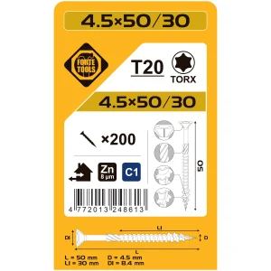 KOKA SKRŪVES 4.5X50/30 MM ZN TX20 200GAB